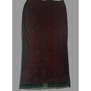 Dark Fairy Whimsigoth Vamp L Womens Y2K Midi Skirt Burgundy Sheer Black Floral